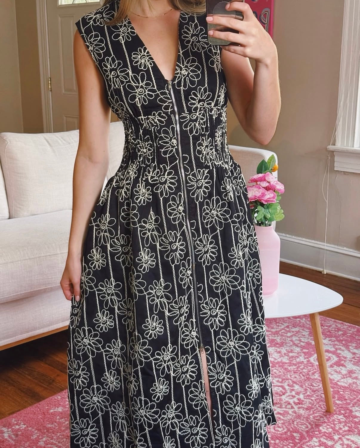 Embroidery Zipper Smocked Wait Maxi Dress